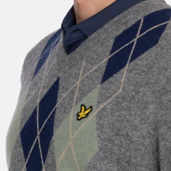 Lyle & Scott Lambswool Blend Argyle V-Neck Grå Blå Grey/Navy (X934) Online